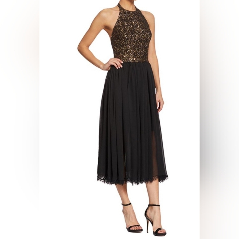 Dress the Population Black and Gold Sequin Halter Midi Dress